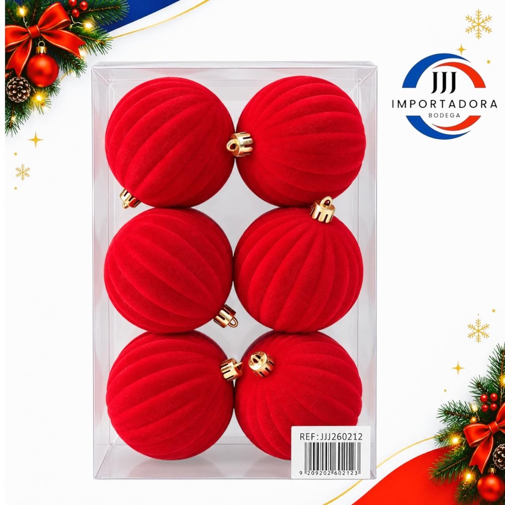 BOLA NAVIDAD GAMUZA CORRUGADO 8CMX 6PCS ROJO