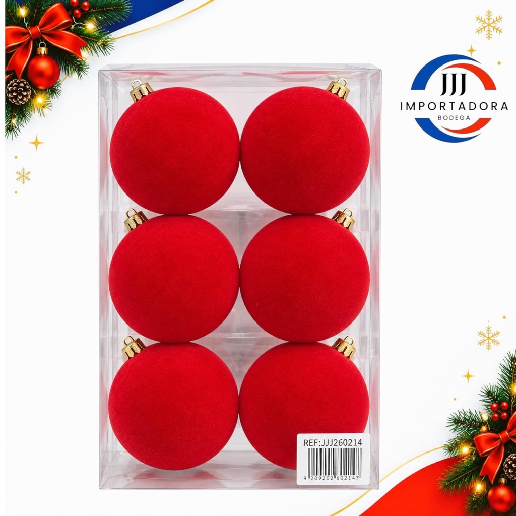 BOLA NAVIDAD GAMUZA LISA 8CMX 6PCS ROJO 