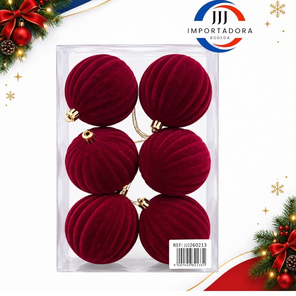 BOLA NAVIDAD GAMUZA CORRUGADO 8CMX 6PCS VINO TINTO