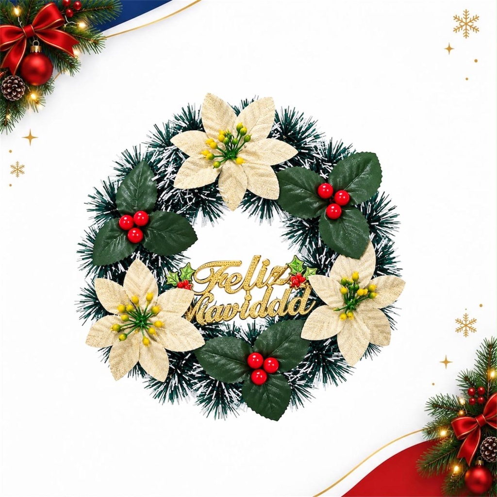 CORONA GUIRNALDA VERDE BLANCO 30CM FELIZ NAVIDAD