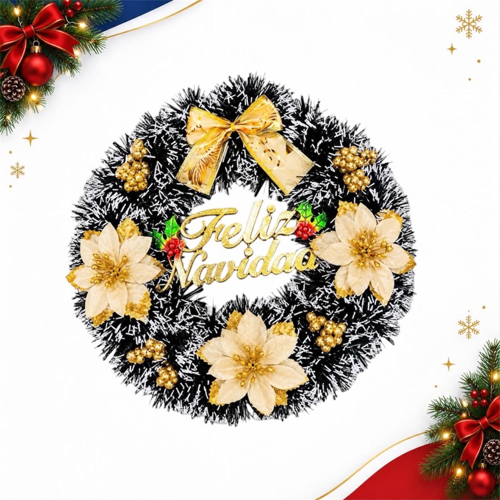 CORONA GUIRNALDA VERDE BLANCO  30CM FELIZ NAVIDAD 