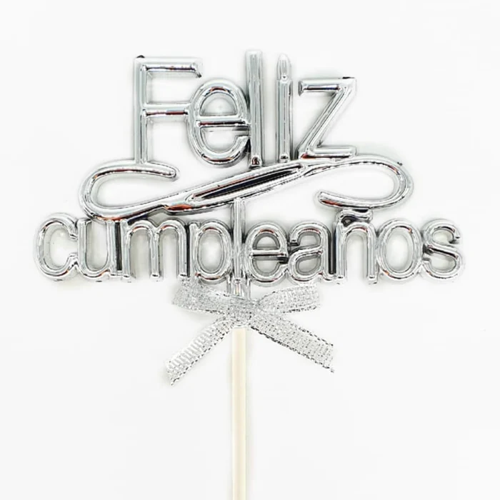 TOPPER TORTA PASTEL FELIZ CUMPLEAÑOS PLATEADO