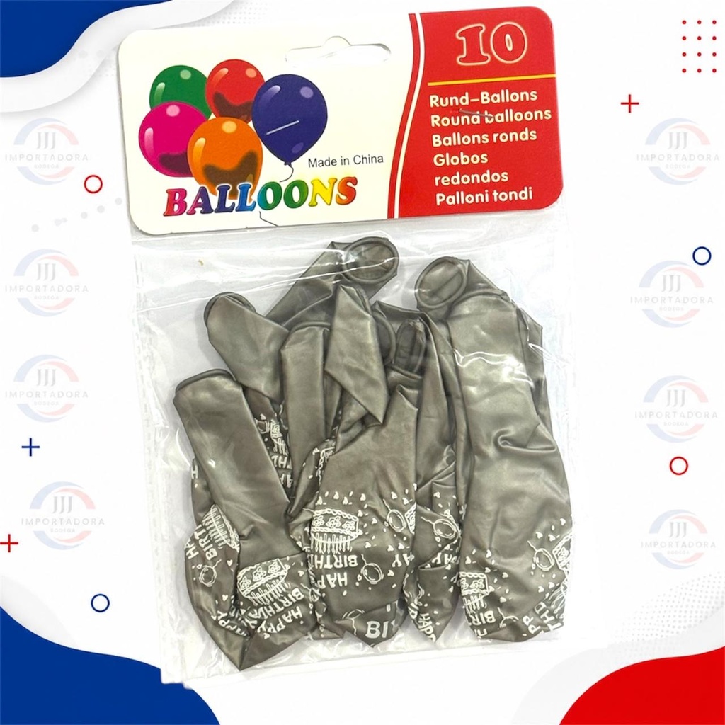 BOMBA FELIZ CUMPLEAÑOS X10PCS GRIS