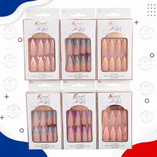 [KP6061-7] K-NAIL UÑAS STILETTO FRANCES EN V CAJA X12und