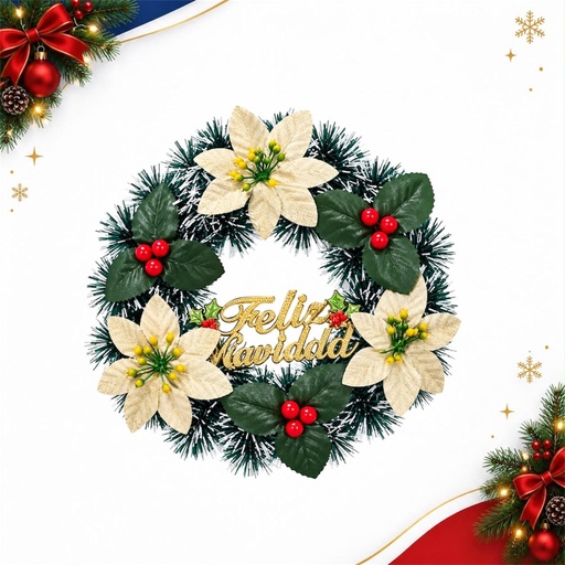 [JJJ260080] CORONA GUIRNALDA VERDE BLANCO 30CM FELIZ NAVIDAD