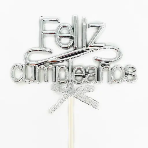 [JJJ251530] TOPPER TORTA PASTEL FELIZ CUMPLEAÑOS PLATEADO