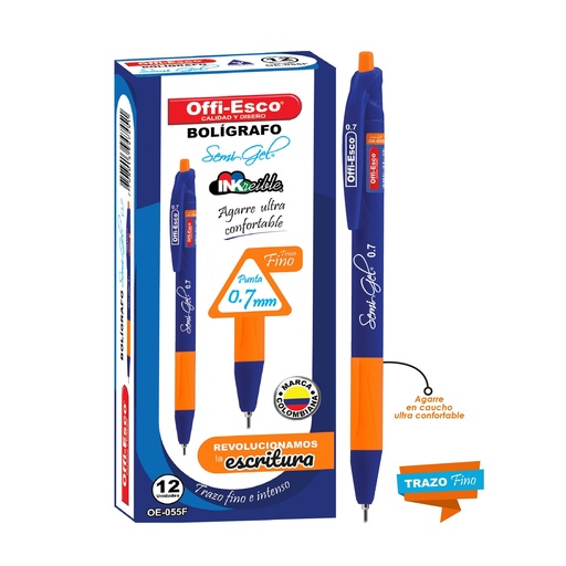 [OE-055F] OFFI-ESCO LAPICERO RETRACTIL ENCAUCHETADO X12und AZUL 
