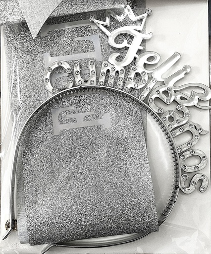 [JJJ253005] SET DE DIADEMA Y BANDA FELIZ CUMPLEAÑOS PLATA