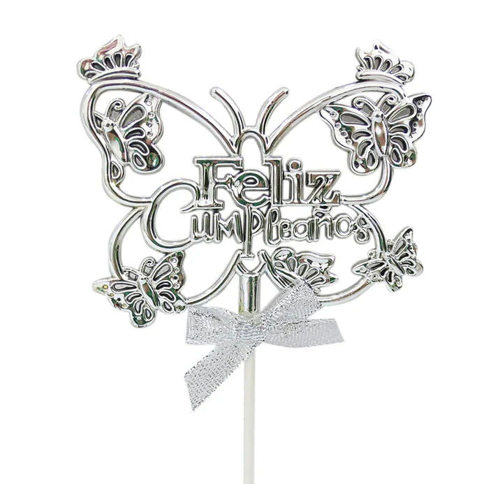 DECORACION TOPPER PASTEL CUMPLEAÑOS PLATEADO