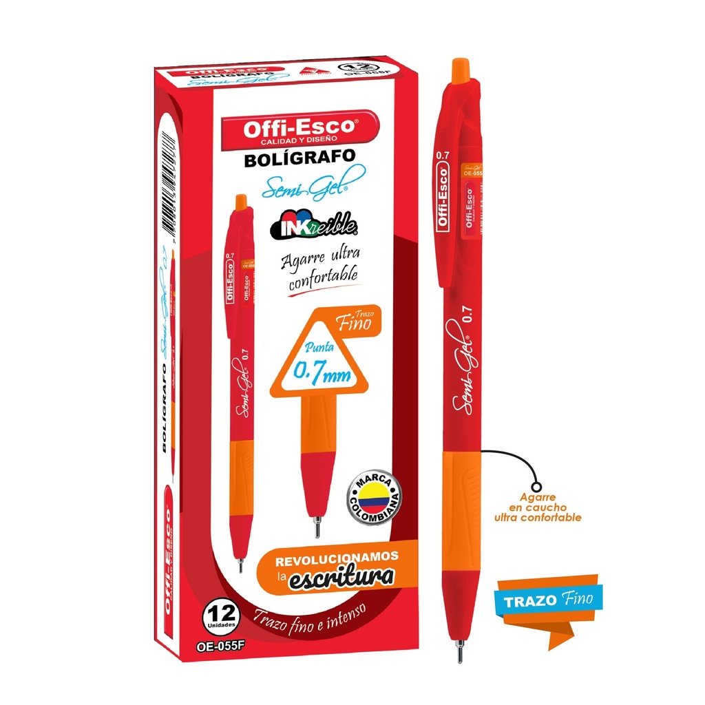 OFFI-ESCO LAPICERO RETRACTIL ENCAUCHETADO X12und ROJO