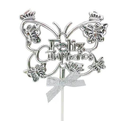 [JJJ253167] DECORACION TOPPER PASTEL CUMPLEAÑOS PLATEADO