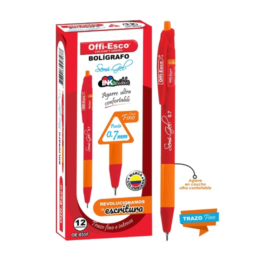 [OE-055F] OFFI-ESCO LAPICERO RETRACTIL ENCAUCHETADO X12und ROJO